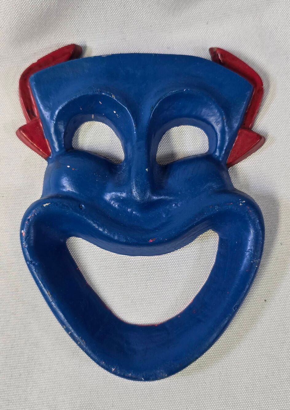 Vintage Mid-Century Cast Metal Comedy Theater Mask - Rare Blue & Red "Devil Face